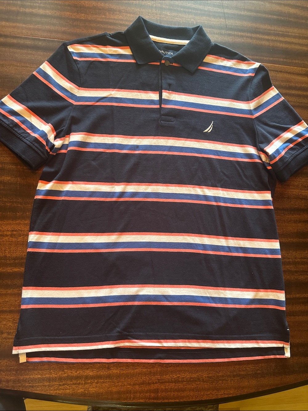 Nautica Navy Polo with Coral, White & Blue Stripes